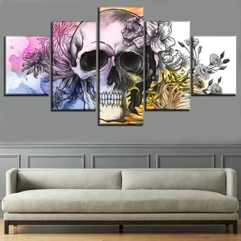 Zidni Umjetnička Slika, 5 predmeta, Apstraktne Cvijeća i Lubanje, Platno, HD Ispis Slika Za Moderni Dnevni boravak, Ukras Kuće