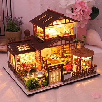 DIY Drvena Kućica za lutke Kit Minijaturni Japanski Arhitektonski Lutaka Kuća S Namještajem Casa Igračke za Djecu Rođendan Darove Za Djevojčice
