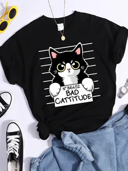 No86452 Bad Cattitude Smiješno Mačka Ženska T-Shirt Svakodnevne Sportske Majice Prozračna Ljetna Majica Ulica Kreativno Ženska Majica
