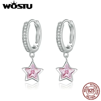 WOSTU Pink Star Naušnice, Prstenje 100% 925 Sterling Srebra Svijetle Cirkon Krug Naušnice Za Žene OL Stil S925 Nakit Poklon CTE414