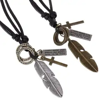 Novost 2016, moderan kožna ogrlica sa lišćem i privjesci s križem, punk-ogrlica od bičevati za muškarce, muške ogrlice, ogrlice, nakit