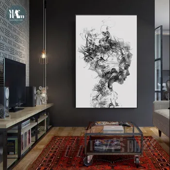 Ručno Oslikana Apstraktne oblike dima linija zid umjetnosti Platnu Slikarstvo Grafike, Crno bijele Plakate za Dnevni boravak Minimalistički Dekor